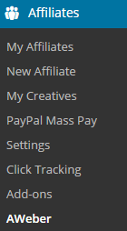 screenshot showing the aweber menu of affiliates manager plugin