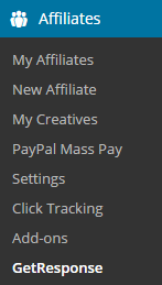 screenshot showing the getresponse menu of affiliates manager plugin