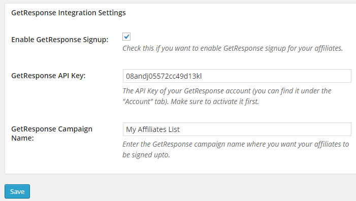 screenshot showing the getresponse settings of affiliates manager plugin