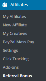 screenshot showing the affiliate referral bonus addon menu