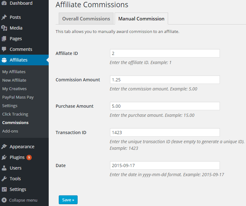 screenshot of manual commission menu in the affiliates manager plugin