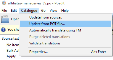 screenshot showing how to update a .po file from the .pot file